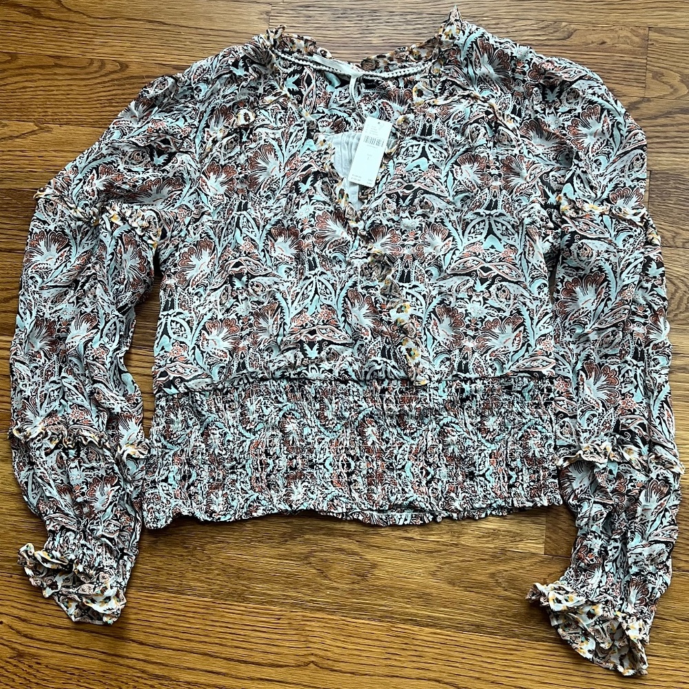 Anthropologie Flounce Ruffle Faux Wrap Blouse V- Neck Long Sleeve Women's Size L